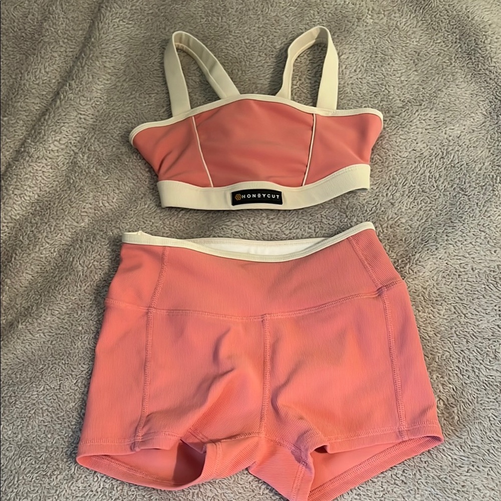 Honeycut Pink and Cream Sports Bra and Shorts Set